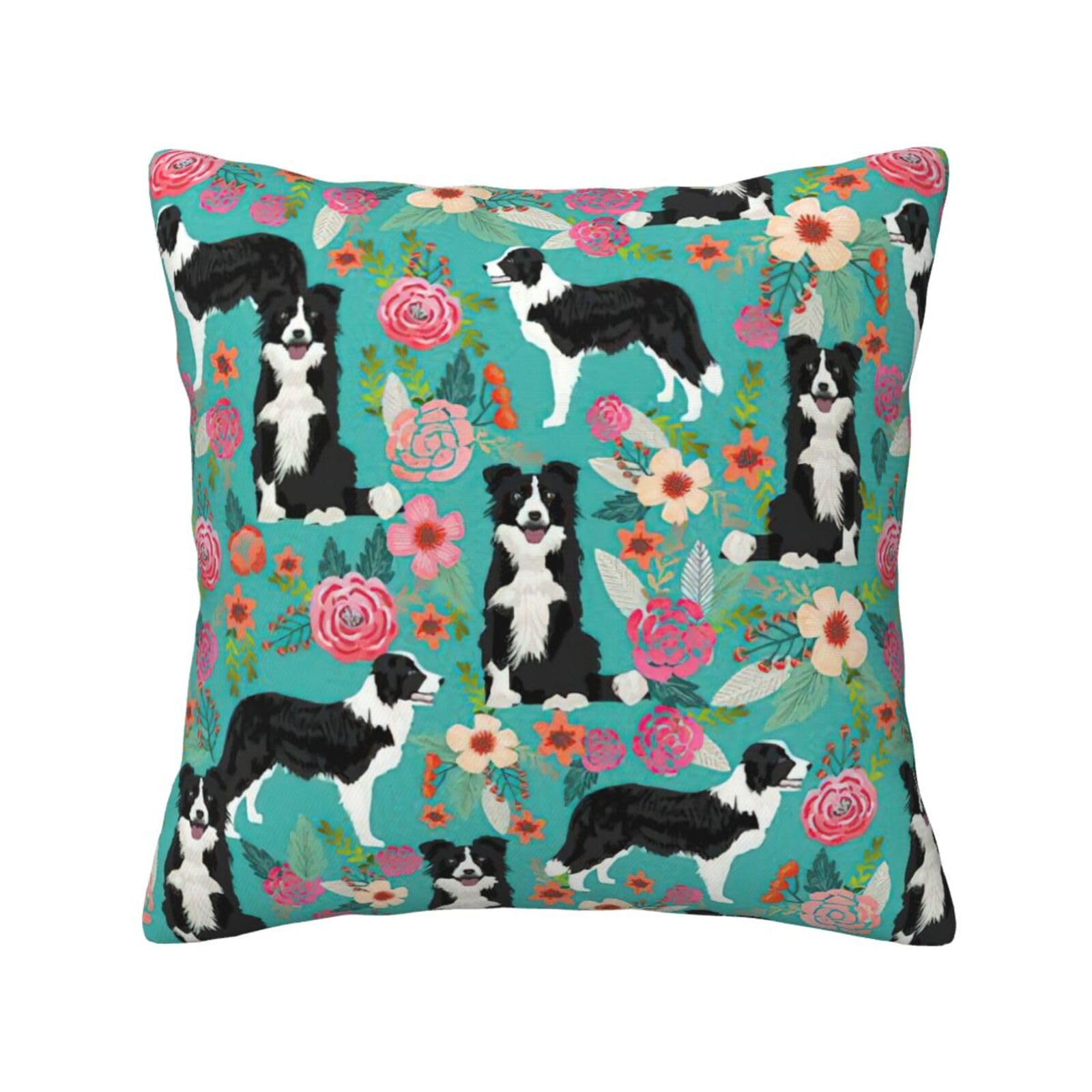LONGZEHAO Border Collie Florals Print Decorative Throw Pillow Covers Square Sofa Cushion Cases for Couch Bed Car.