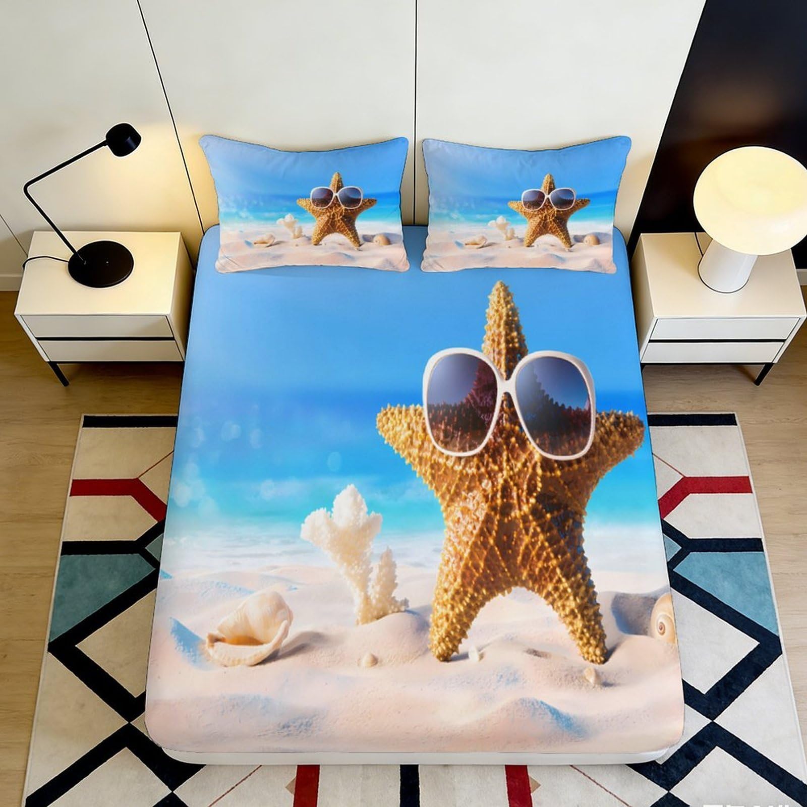 Uxinyoume Style-2 3D Printed Beach Starfish Fitted Sheet Microfiber Blue Ocean Sunglasses Mattress Cover For Bedroom Dorm Home Decor 90X200x25cm
