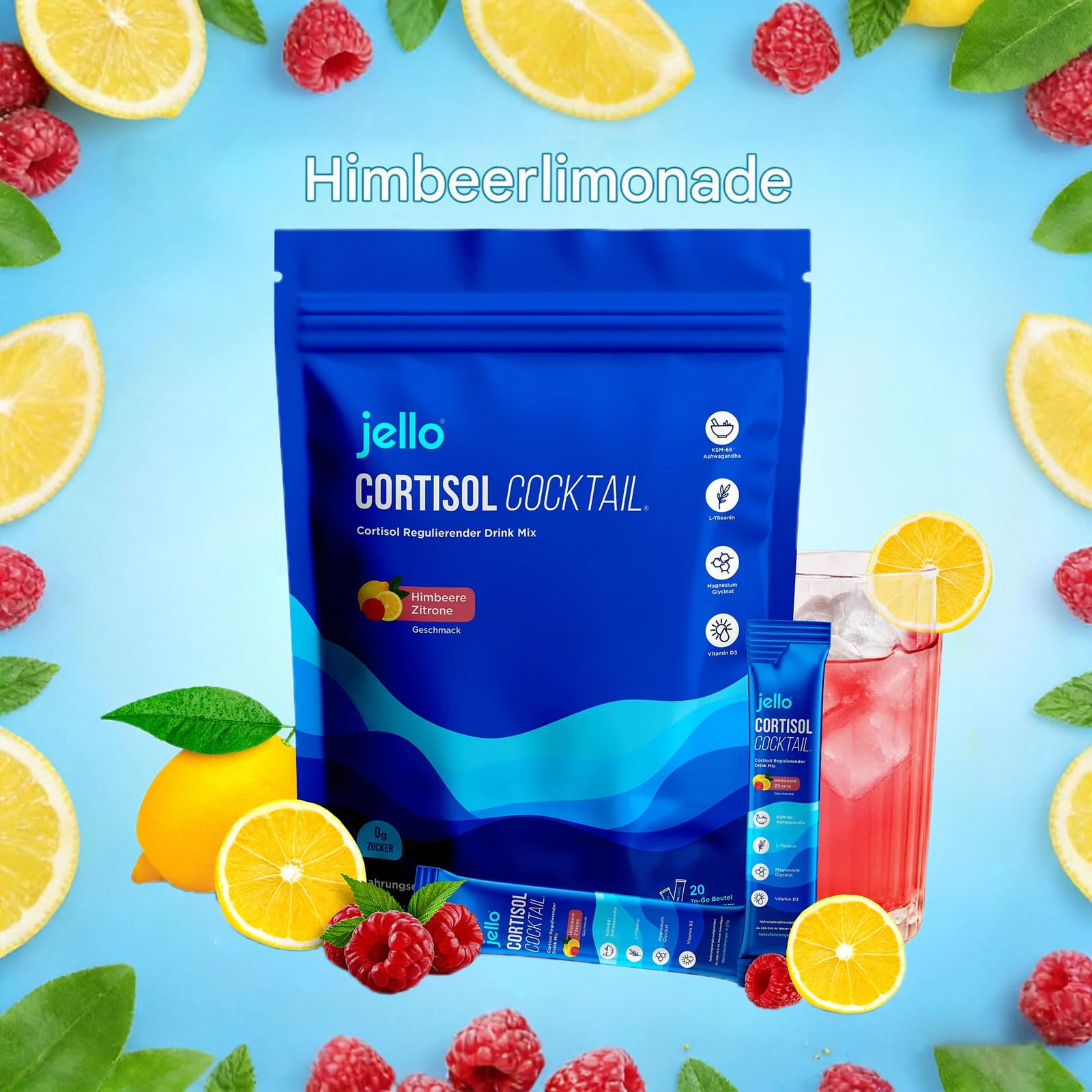 Jello Cortisol Cocktail Pulver, 20 Stück Cortisol Senken Pulver zum Abnehmen, Supercalm Cortisol Pulvers, Konzentration Steigern, Entspannt Bleiben & Stress Natürlich Reduzieren (2)