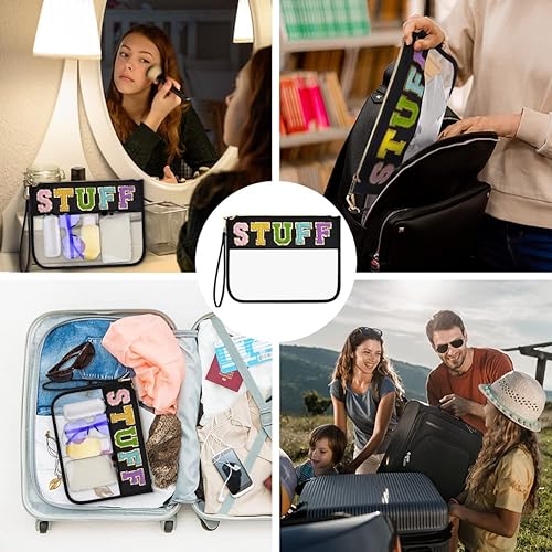 Miniatura 7 de Bolsa de cosméticos de nailon con parche de letras universitarias de chenilla, organizador de bolsas de viaje para el cuidado de la piel para