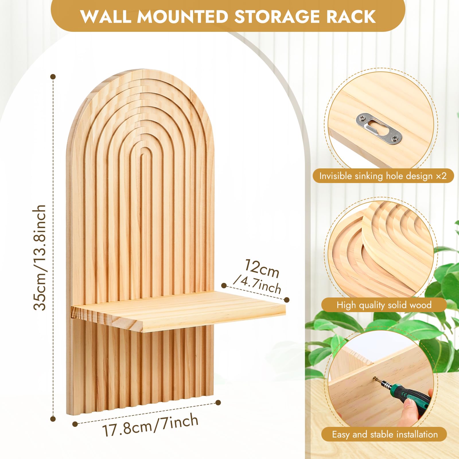 Étagère Murale Bohème En Bois Massif - Design Arche - Fixation Cachée - Pour Déco Salon Ou Chambre - 9