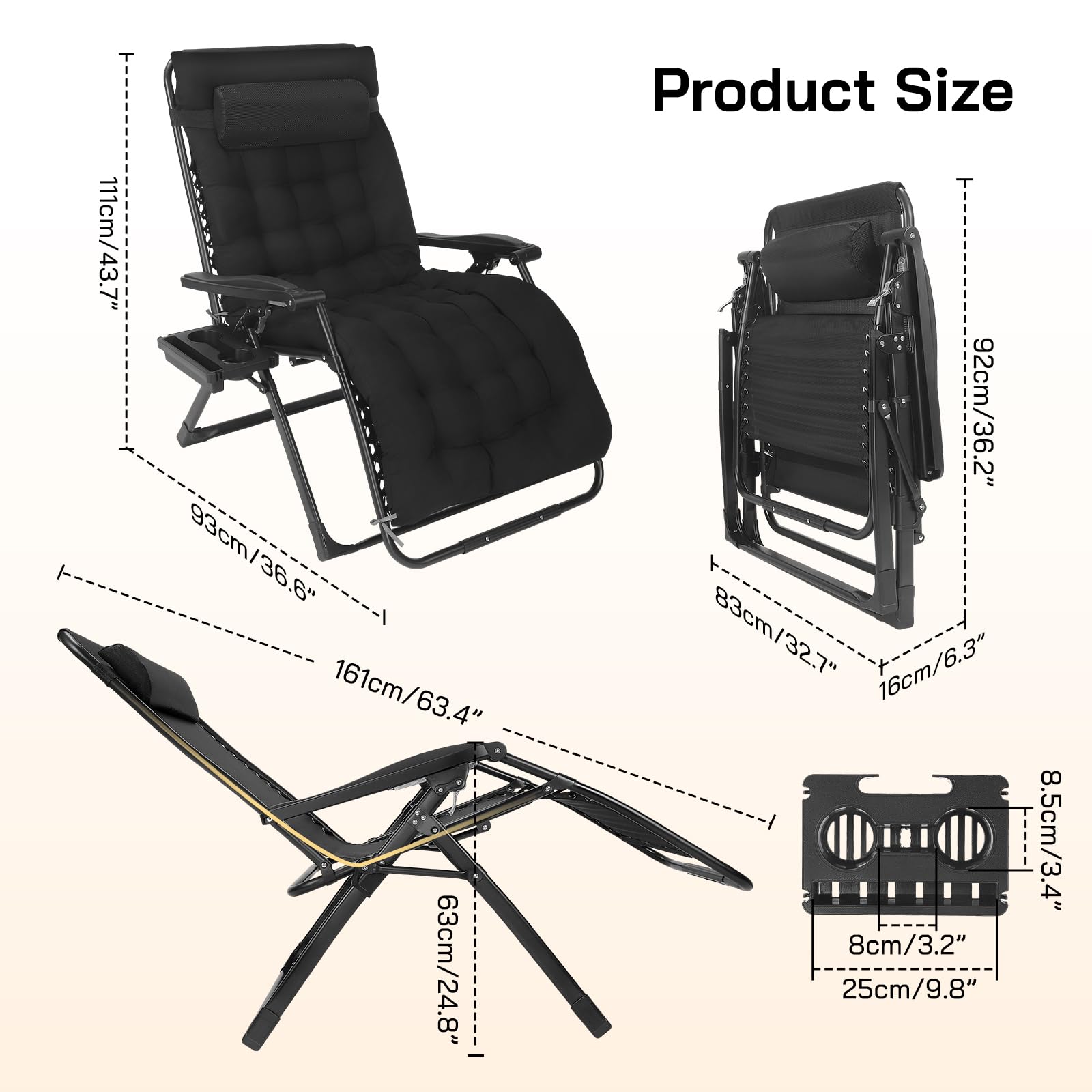 Sdraio da giardino 2 in 1 pieghevole regolabile 90°-170° portata 440LBS cuscino rimovibile 83 cm nero