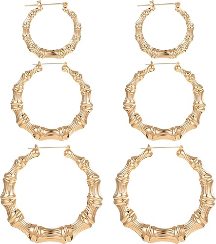 Sibba Bamboo Earring 3 Pair Large Gold Bamboo Hoop Earrings for Women 80s 90s Retro Door Knocker Earrings Hollow Casting Statement Hip Hop Chunky