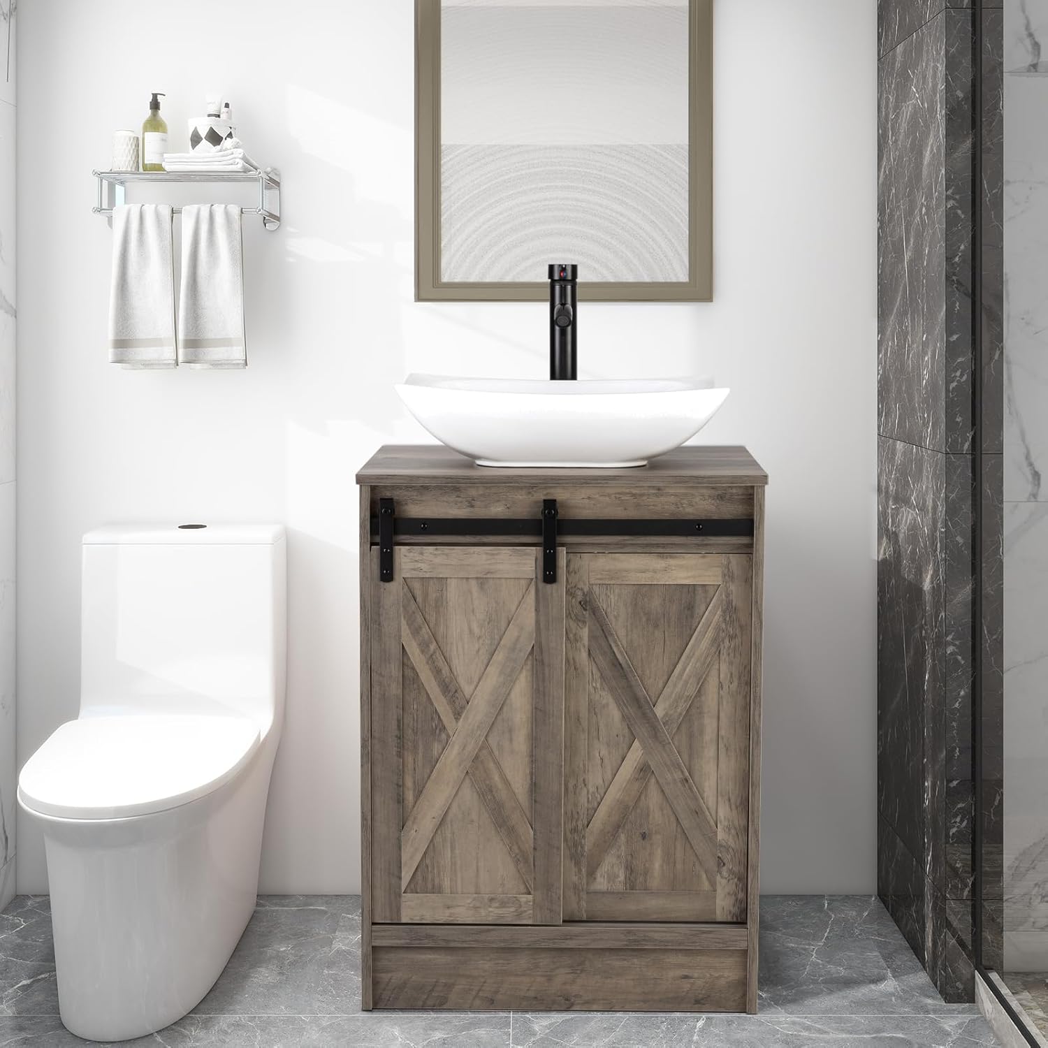 LUCKWIND 24" Bathroom Vanity and Sink Combo with Barn Door