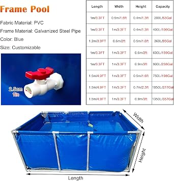 Above Ground Canvas Fish Pond, 50 100 160 200 240 300 360 Gal Blue Aquarium Pool Water Tank Foldable with Galvanized Frame, Relax Family Swimming Pool(200L/53Gal - 1x0.5x0.4m)