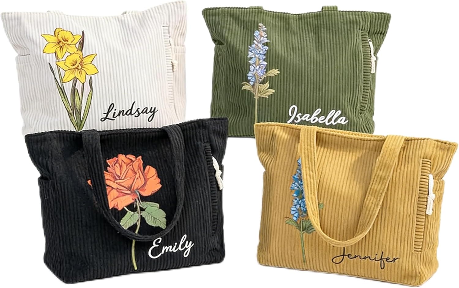 CALLIE Personalized Corduroy Tote Bag for Women | 4 Colors Custom Birth Flower & Name Corduroy Shoulder Bag with Pockets for Mother's Day Graduation Nurse Week Birthday Gifts for Women | Customizable