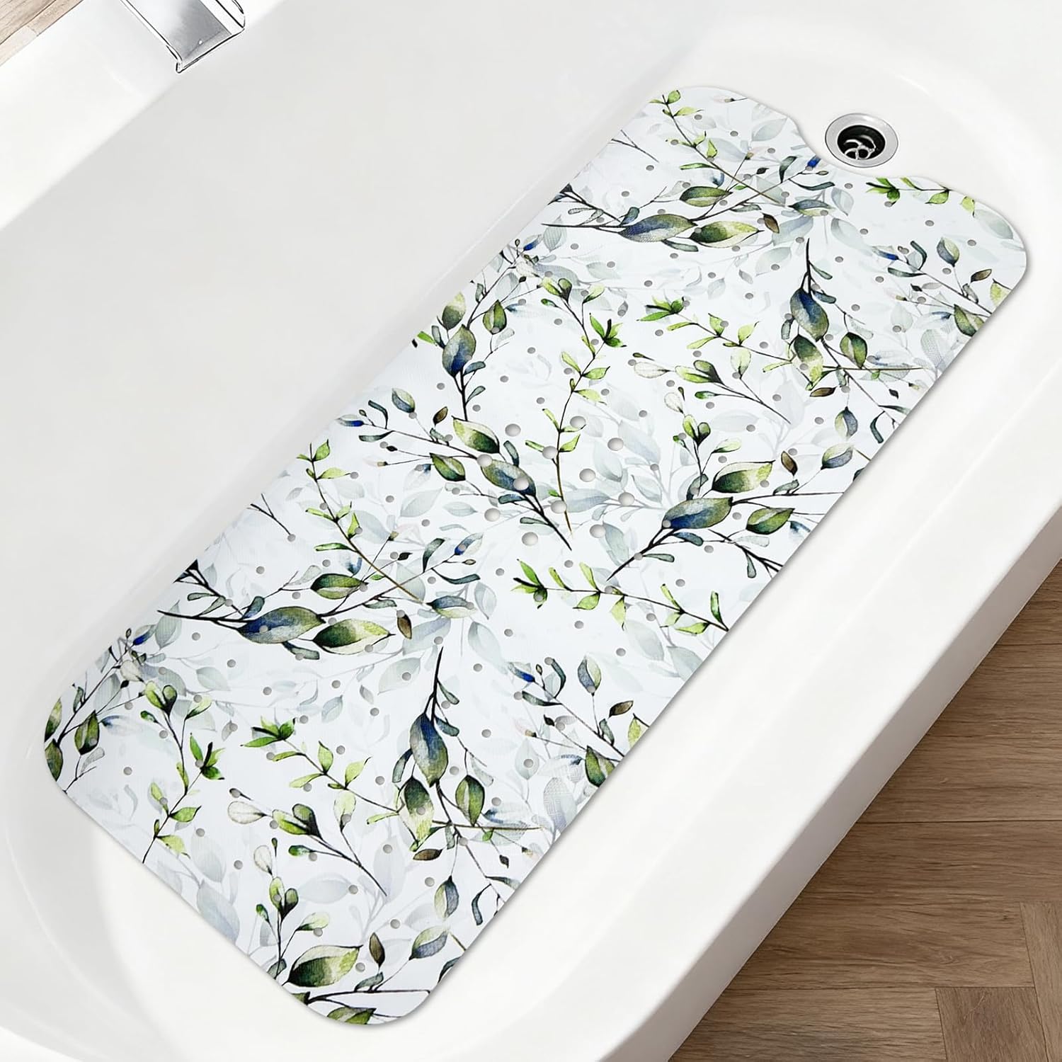 Bathtub Mat Non Slip 40x16In Extra Long Leaf Bath Mat for Tub Decorative Bath Tub Mat with Drain Holes Suction Cups Floral Bathroom Decor Eucalyptus Tropical Leaves Shower Mats for Inside Shower Blue