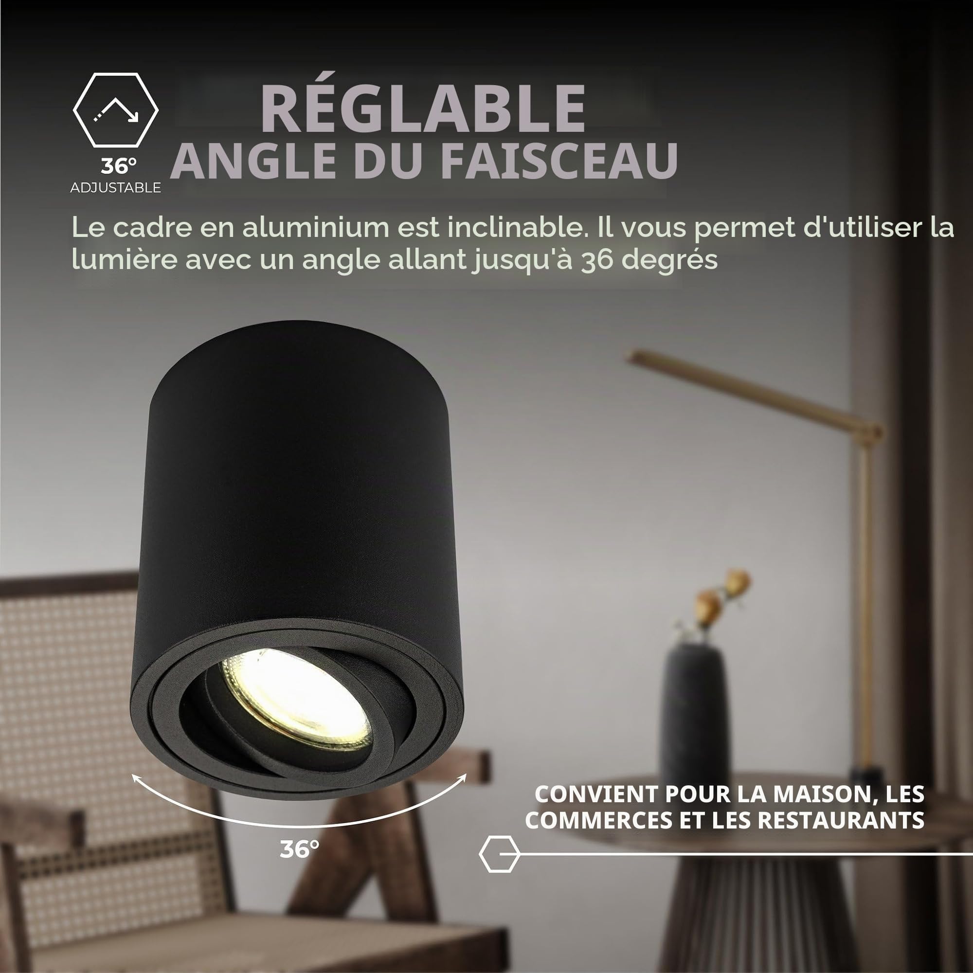 Ledvion lot de 6 spot LED en saillie noir rond 3W blanc chaud dimmable