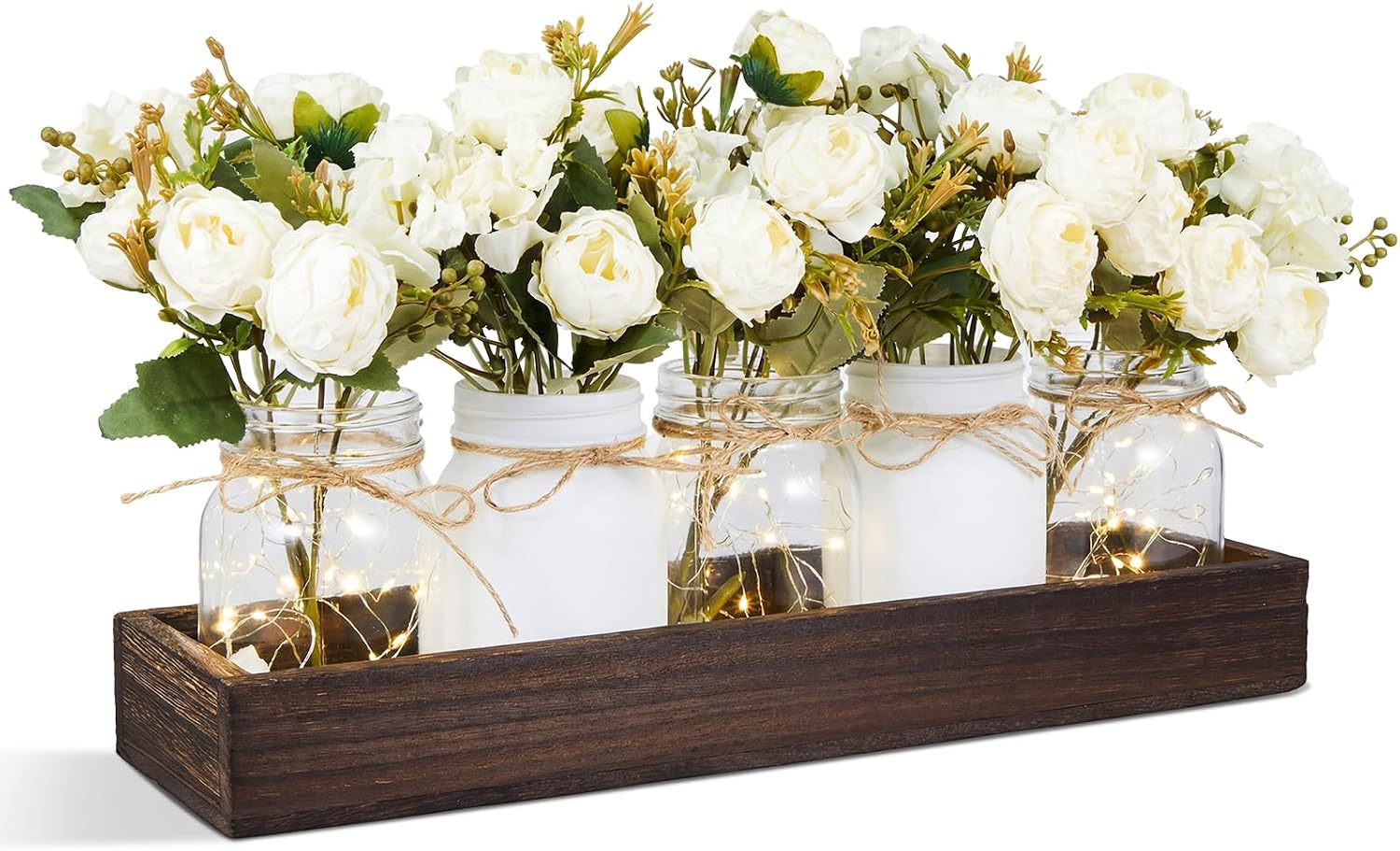 5 Pcs Peony Hydrangea Mason Jar Centerpiece for Table with Wood Tray and LED Light White Peony Hydrangea Flowers Table Decorations for Spring Summer Coffee Wedding Party Farmhouse