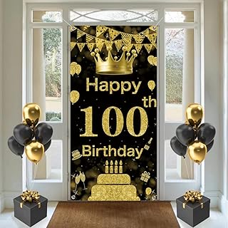 100th Birthday Decoration Background Door Decoration Banner Fabric Sign 100th Birthday Party Welcome Sign Poster Decoration Door Banner, Gold, Black, 35.4"x70"