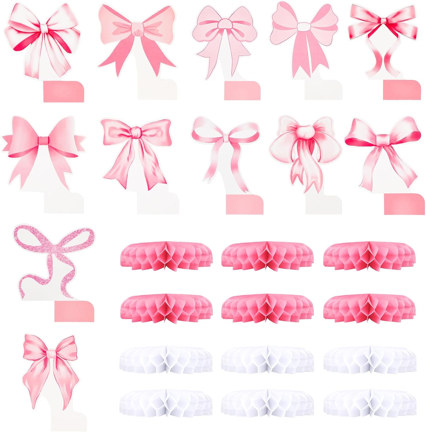 12pcs Pink Bow Honeycomb Centerpieces, Coquette Birthday Decorations 3D Cute Bow Table Toppers Decor for Bachelorette Wedding Bridal Shower Engagement Girls Party Supplies