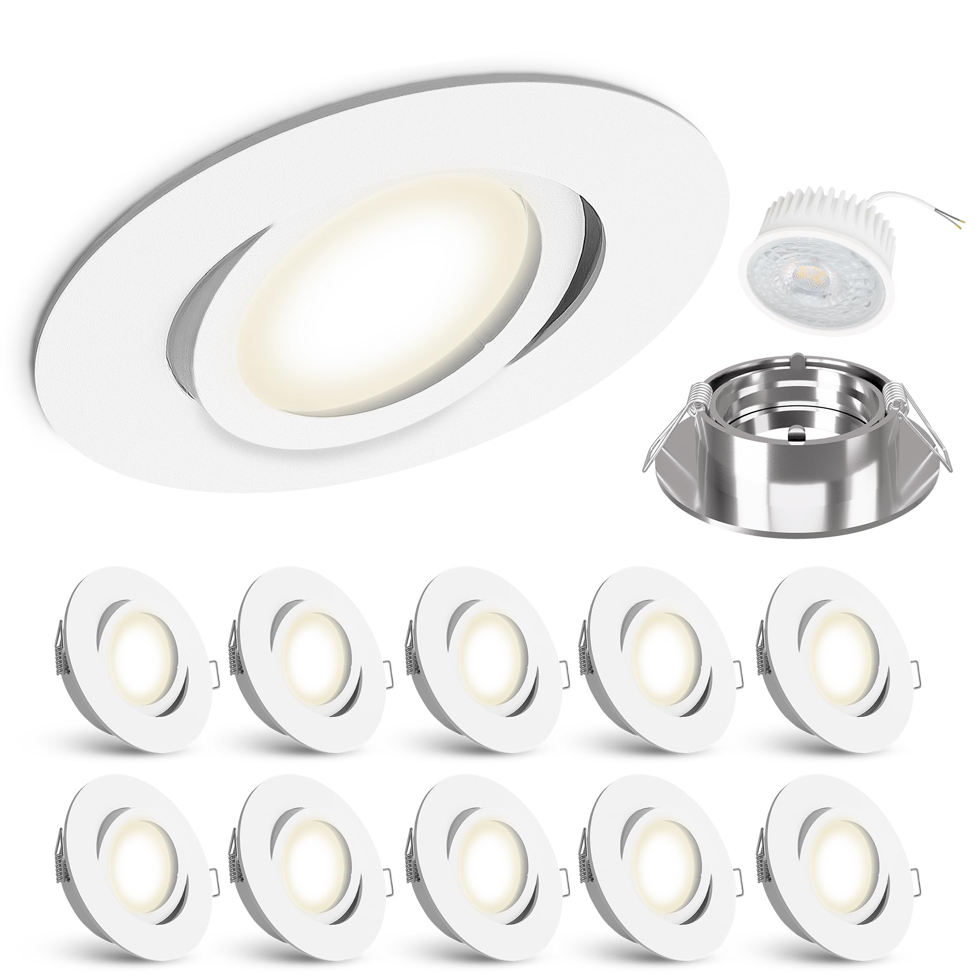 linovum LED Einbaustrahler Einbauleuchte 10er Set - Einbauspot flach in rund schwenkbar weiß inkl. 4W LED Modul neutralweiß