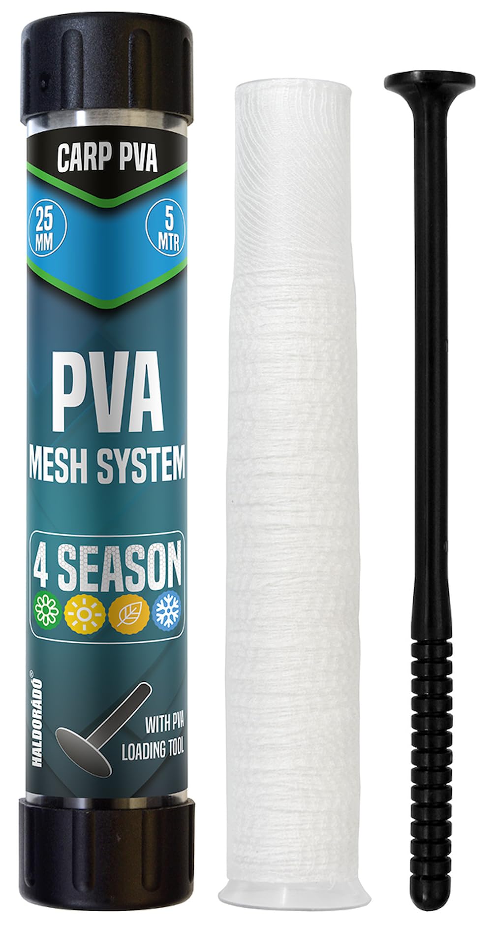 Haldorádó Carp PVA Mesh System 25mm x 5m – All-Season Water Soluble Fishing Bait Net with Loading Tube & Compression Tool – Quick Dissolve Carp Fishing Tackle for Pellets & Boilies