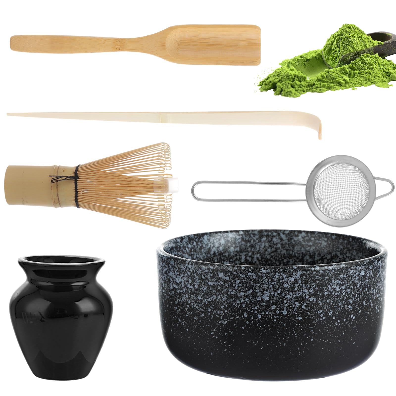 ASelected Matcha Set Matcha Besen 6er-Set Macha Tea set mit Matcha Besen Matcha Schale Teelöffel Teesieb Besenhalter Matcha-Starter-Set für Diverse Getränkepulver wie Kakao oder Proteinshakes