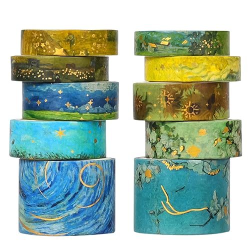 AEBORN Van Gogh Washi Tape - Juego de cinta adhesiva Washi de acuarela vintage con lámina dorada, cinta decorativa estética perfecta para diario de