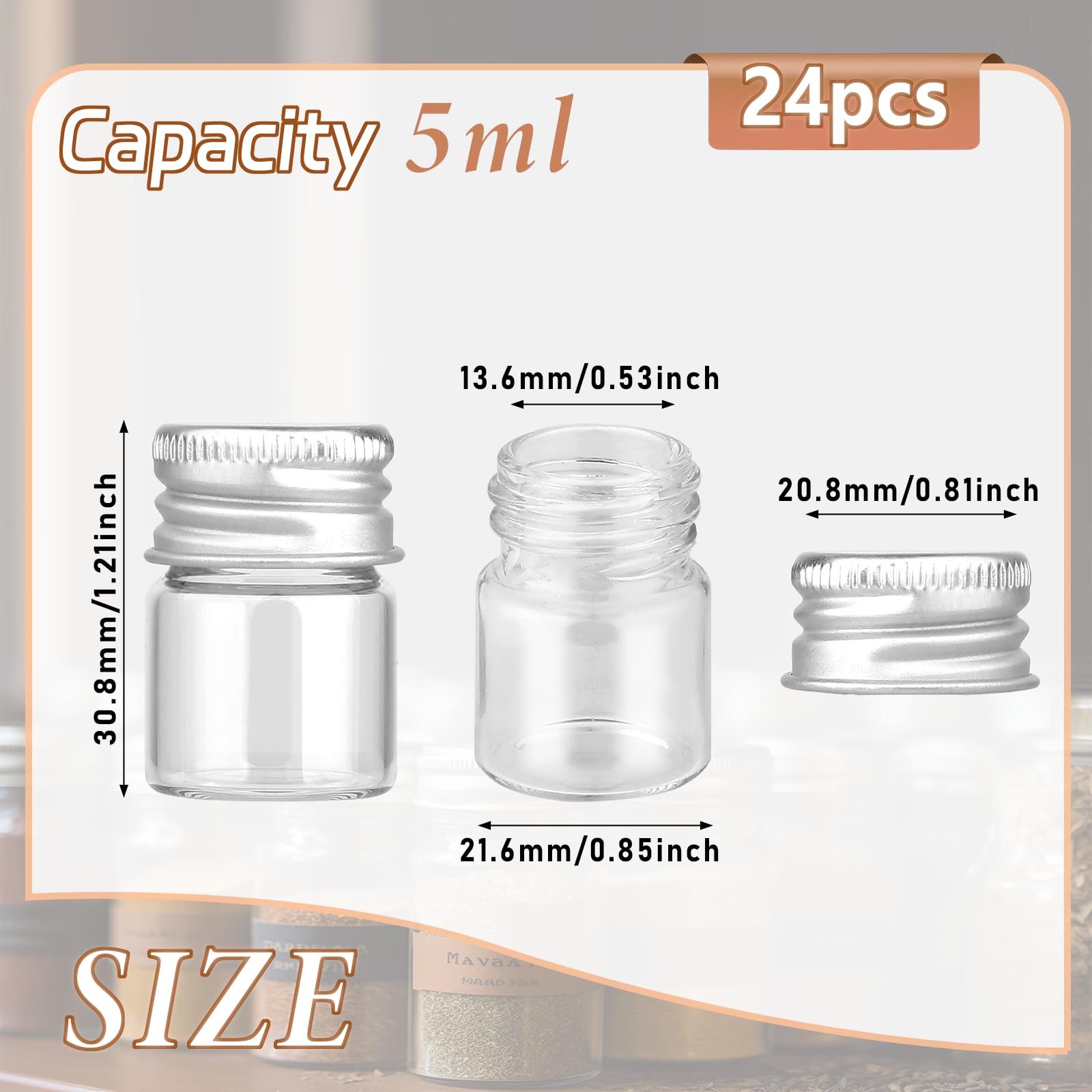 24PCS 5ml Mini Glass Bottles with Screw Caps Empty Transparent Glass Bottles Refillable Cosmetics Container Bottle Small Jars with Lids for DIY Storage Art Craft Decor Makeup Sample Chemicals - Image 2