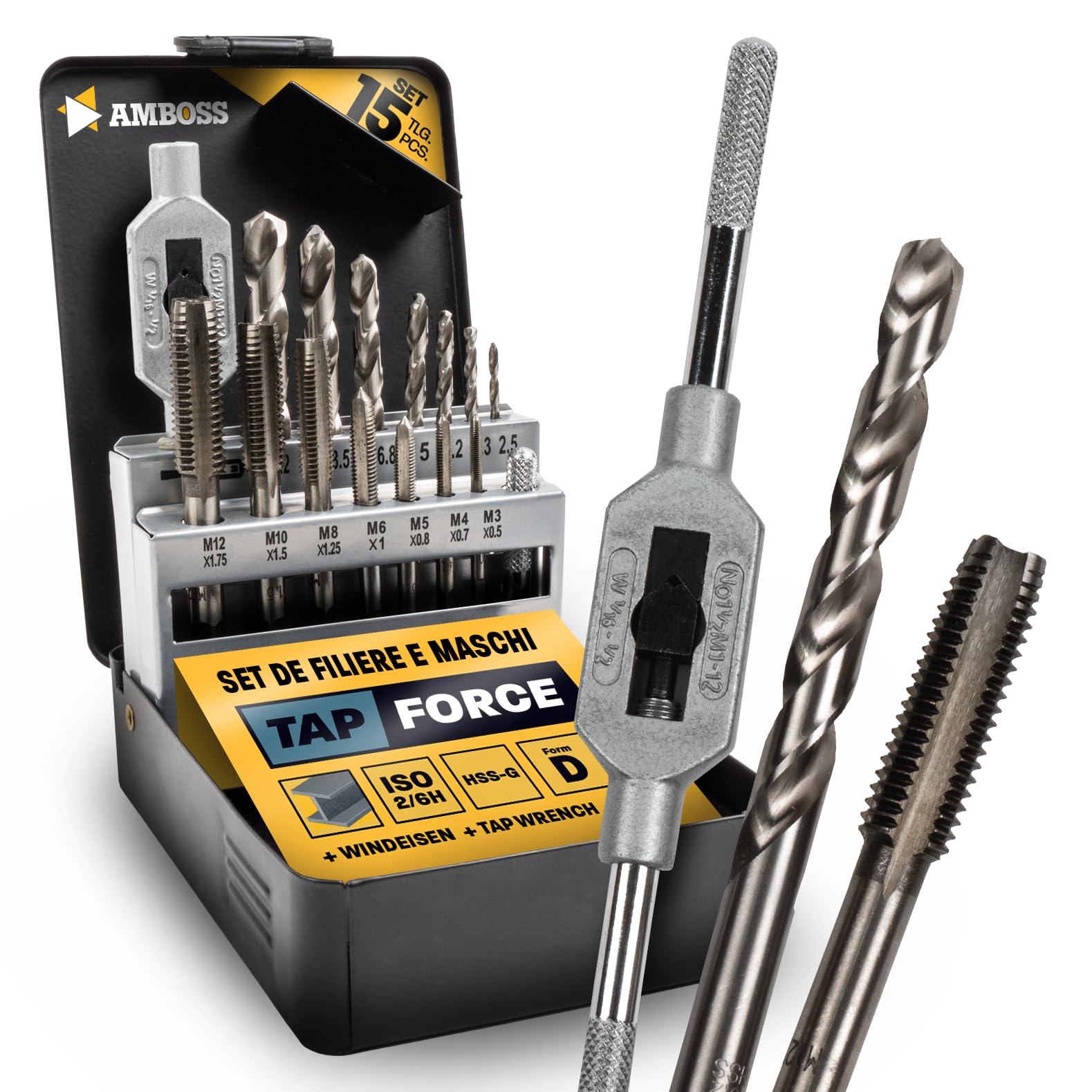 Set di maschietti metrici, M3 – M12, 15 pezzi, HSS-G/binario/incudine Tap Force/filettatura, set di filettatura, set di maschi, M3 & M4 & M5 & M6 & M8 & M10 & M12