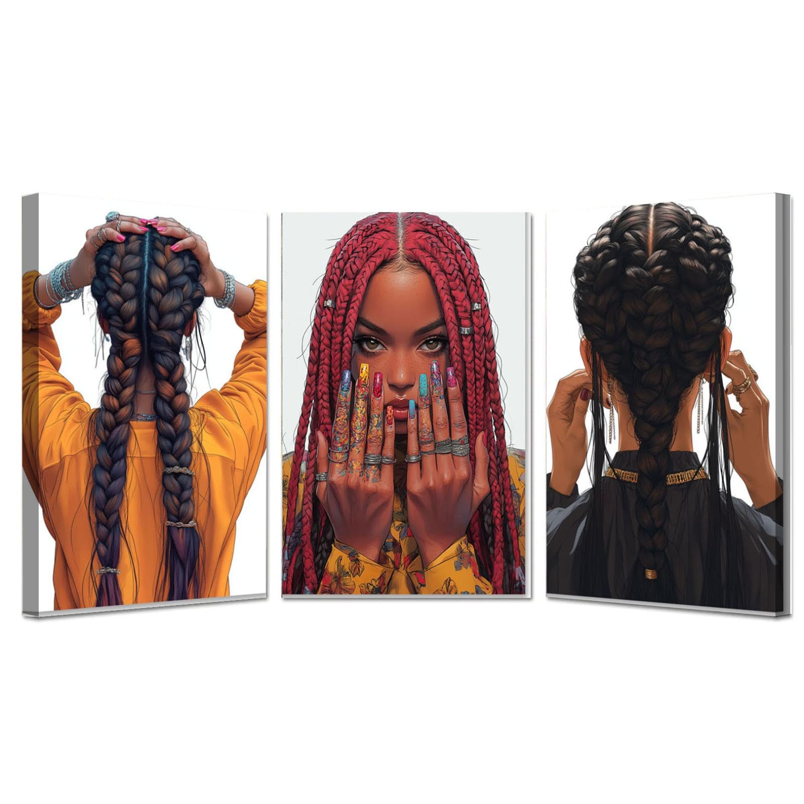 WIKEO Negro 3Pcs Mujeres Negras africanas étnico Lienzo Pintura, Chica Negra Trenzada Abstracta Abstracta Pared Arte Imagen Cartel - Moderno Sala de Estar decoración Impresiones-50x70cmx3 Enmarcado