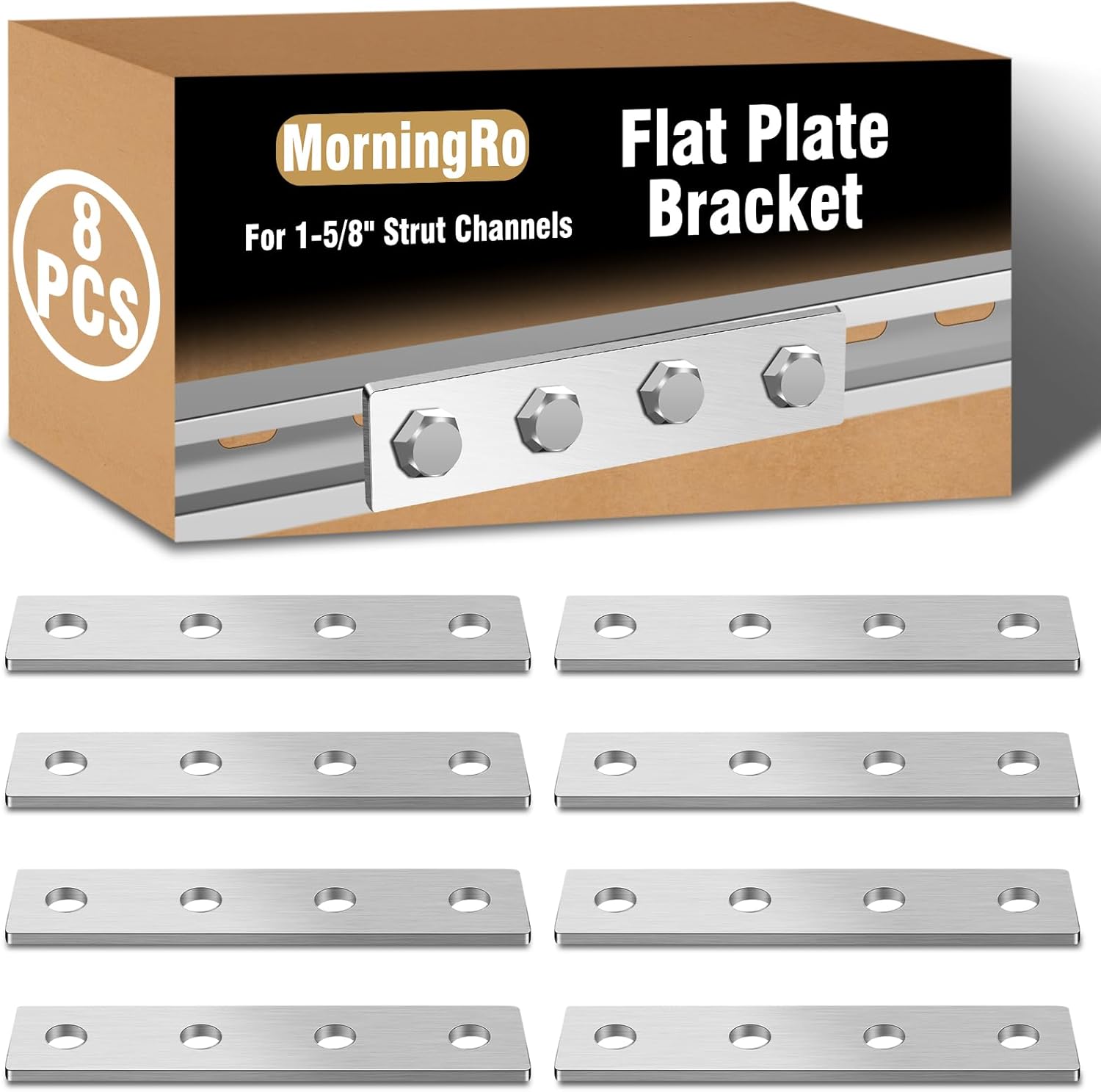 MorningRo 8 Pcs 4 Hole Flat Plate Heavy Duty Connector Bracket for 1/2" Bolt in 1-5/8" Strut Channel Galvanized Steel