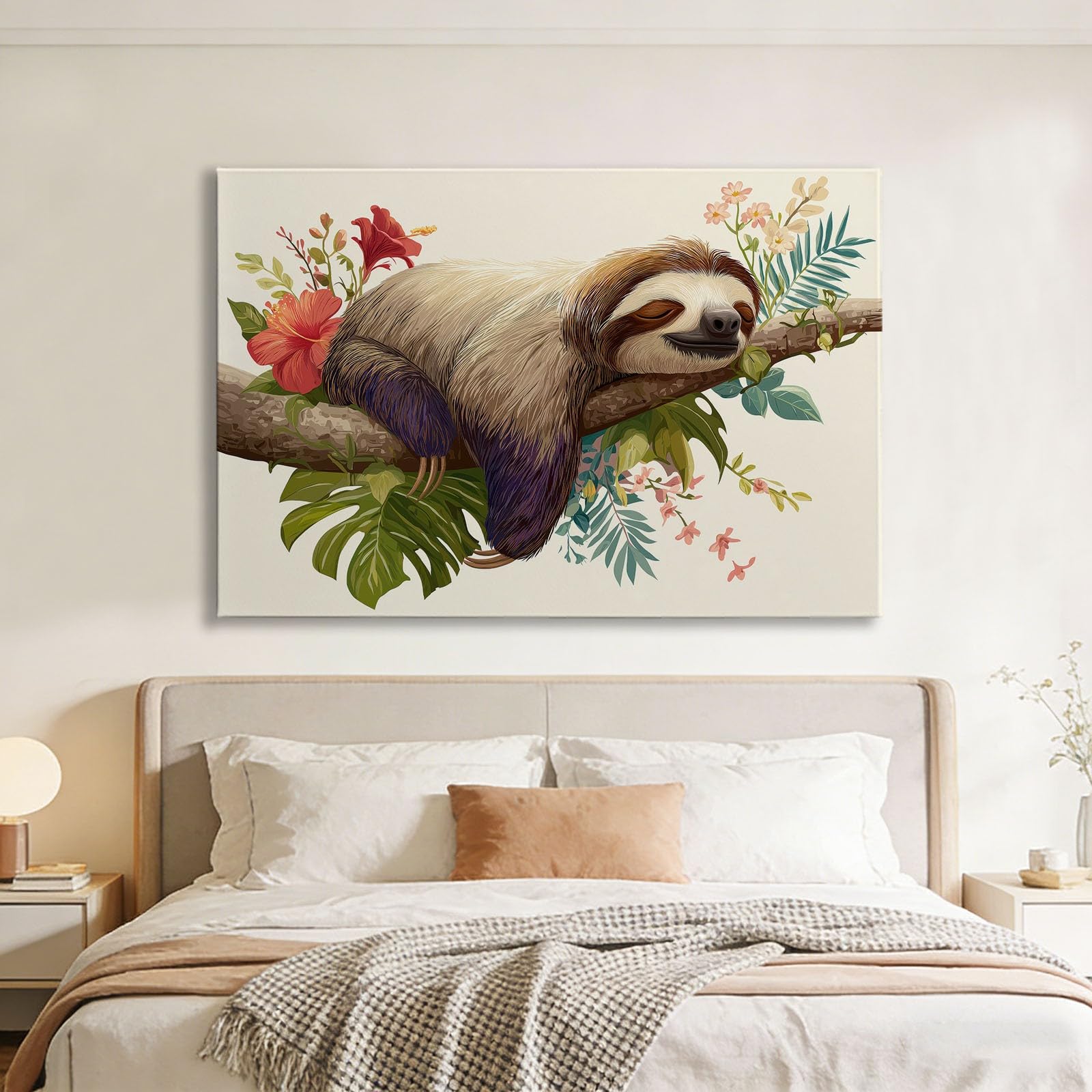 Generisch Leinwandbild mit Rahmen 120x60 cm Wohnzimmer Deko, Cartoon Tier Faultier Beige Modern Wandbild Kunstdruck auf Leinwand Bild Schlafzimmer über Bett Room Decor Geschenke