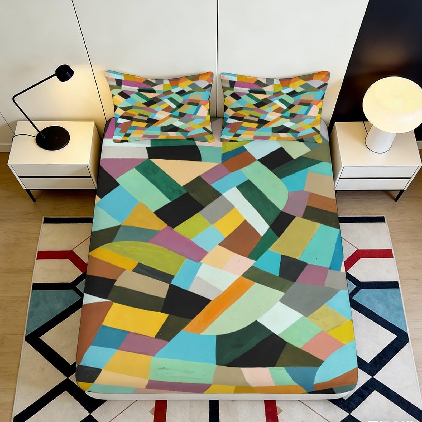 Pnayamiorkfel Style-8 3D Printed Geometric Mosaic Fitted Sheet Microfiber Color Blocks Mattress Cover Anti-Slip Machine Washable For Bedroom Guest Room 90X200x25cm