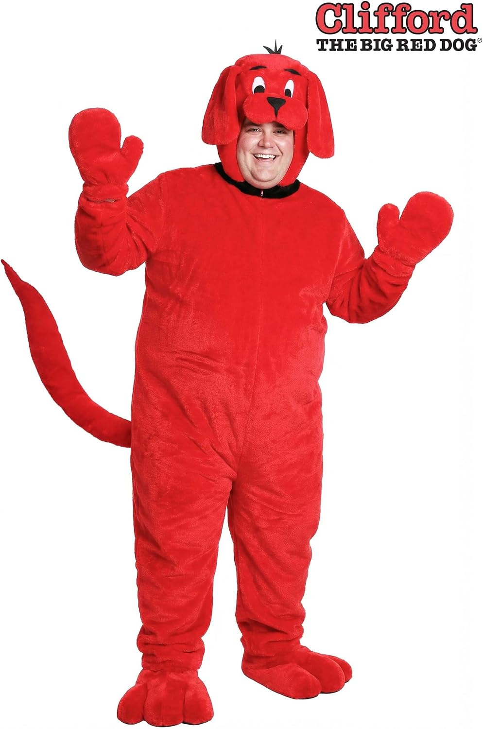 Clifford the Big Red Dog Adult Dog Costume - Faux Fur Jumpsuit with Hood, Mitts, and Shoe Covers