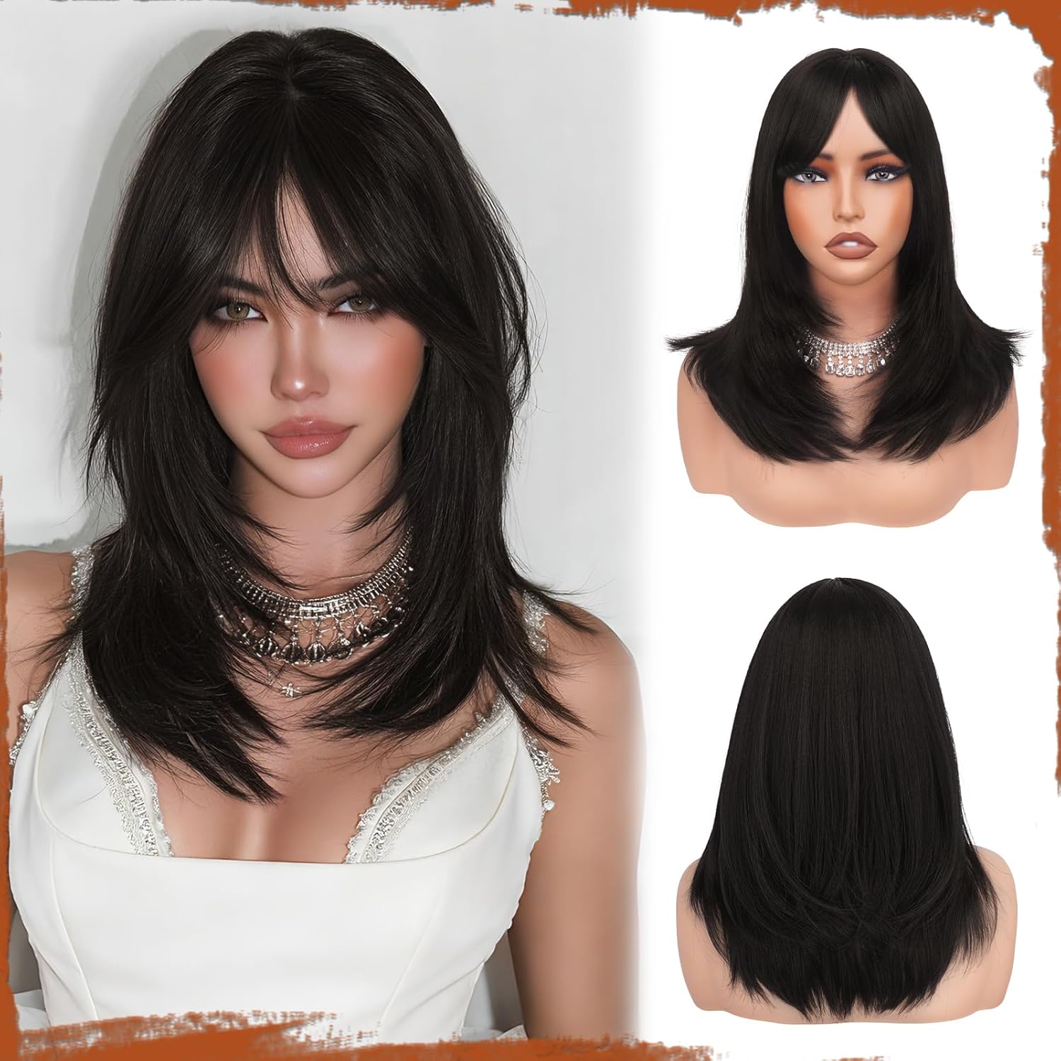 SOFEIYAN Long Straight Layered Wig Dark Brown Wigs with Bangs 16 Inch Natural Looking Soft Heat Resistant Synthetic Medium Length Hair Wigs for Women Daily Party Use