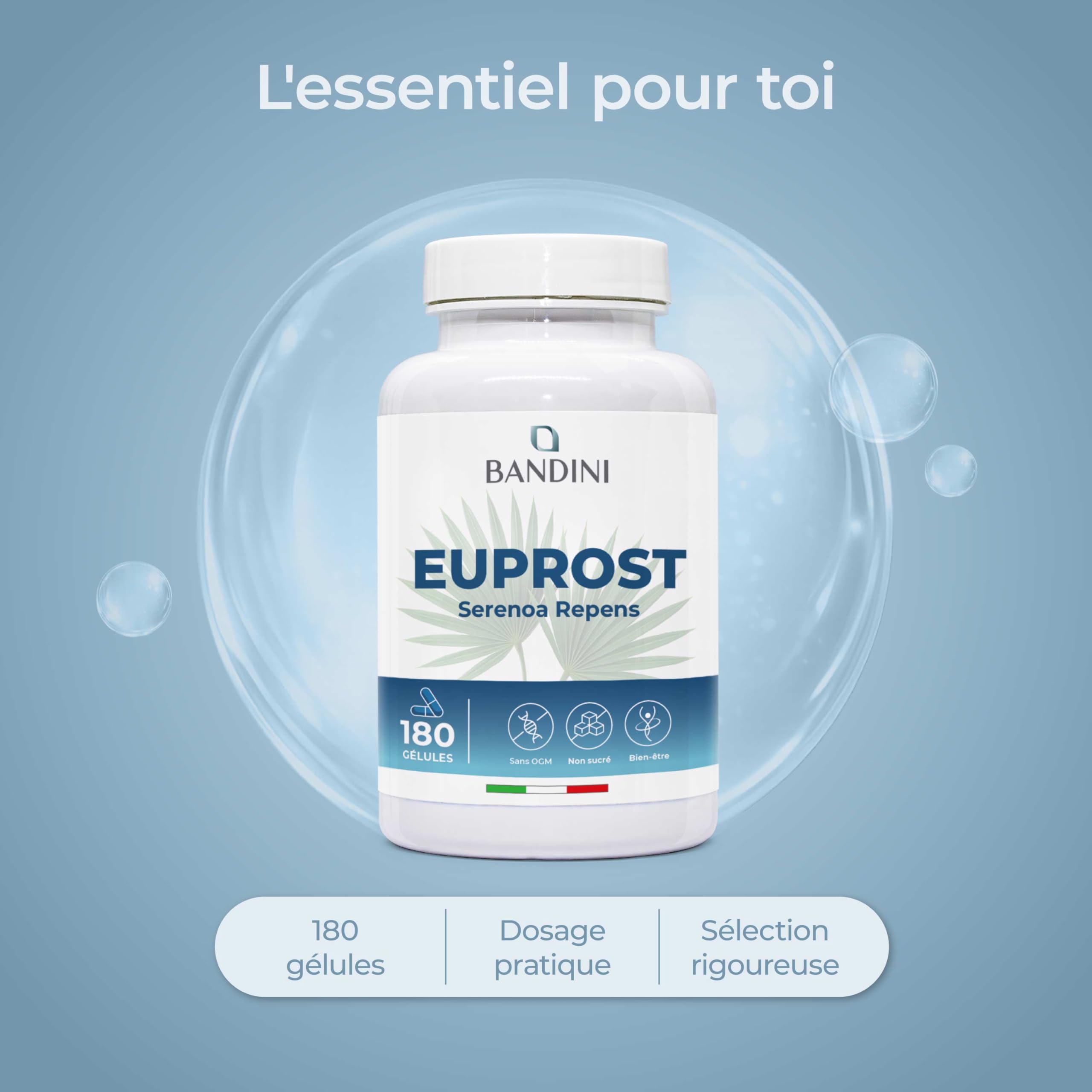Bandini® Euprost Serenoa Repens 180 gélules | Palmier nain (Saw Palmetto), Graines de Courge, Ortie, Zinc, Vitamine D3 & B6 | Confort Urinaire hommes | Extrait 20:1 standardisé à 30% en acides gras