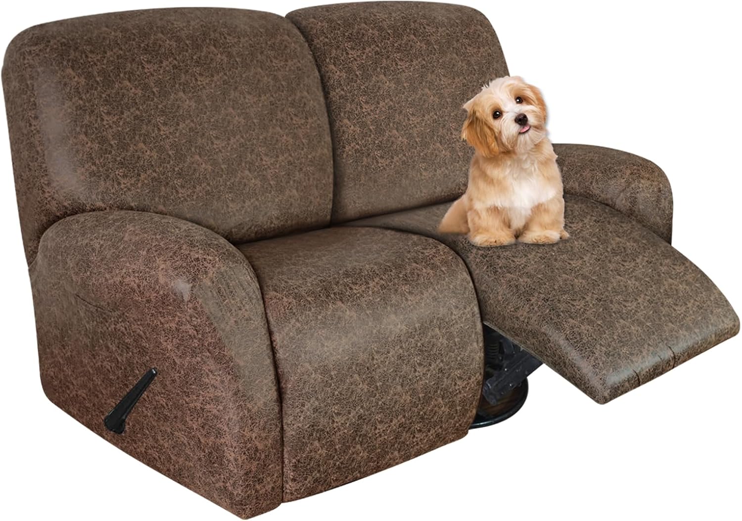 Leather Look Loveseat Recliner Covers Stay in Place 6-Piece Recliner Sofa Slipcover 2 Seater Reclining Couch Cover Spandex Fabric Washable (Recliner Loveseat, Brown)