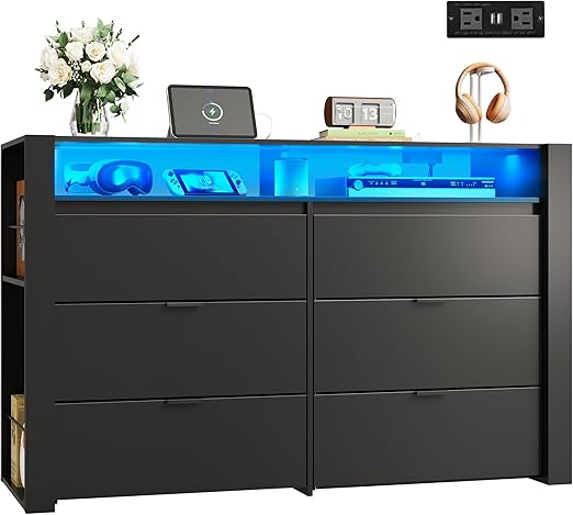 WLIVE 6 Drawer Led Dresser for Bedroom, 50.79'' Black Wood Dresser Storage Organizer with Power Outlets for 55'' TV, Dressers with Open Shelves, Hanging Rack, Chest of Drawers for Closet, Living Room