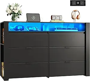 WLIVE 6 Drawer Led Dresser for Bedroom, 50.79'' Black Wood Dresser Storage Organizer with Power Outlets for 55'' TV, Dressers with Open Shelves, Hanging Rack, Chest of Drawers for Closet, Living Room