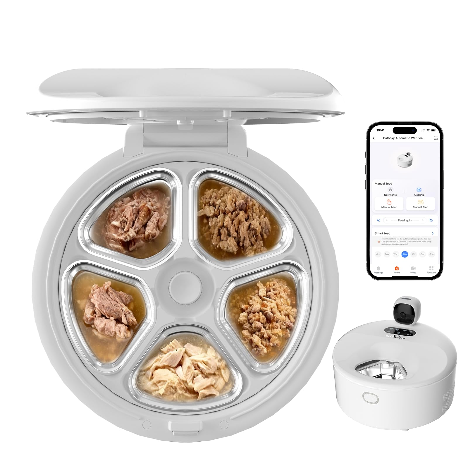 Alimentatore automatico per alimenti umidi, alimentatore automatico per gatti monitorato due in uno, alimentatore automatico refrigerato per gatti con raffreddamento a semiconduttore, 5 pasti