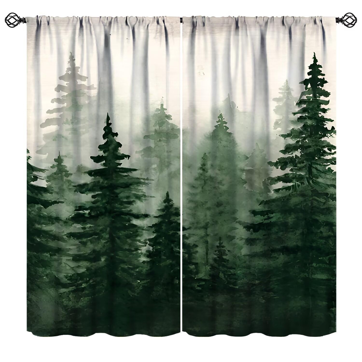 Nsbul Misty Forest Blackout Curtains, Watercolor Serene Pine Tree Plant Nature Landscape Vintage Decor Window Drapes for Kitchen Bedroom Living Room,