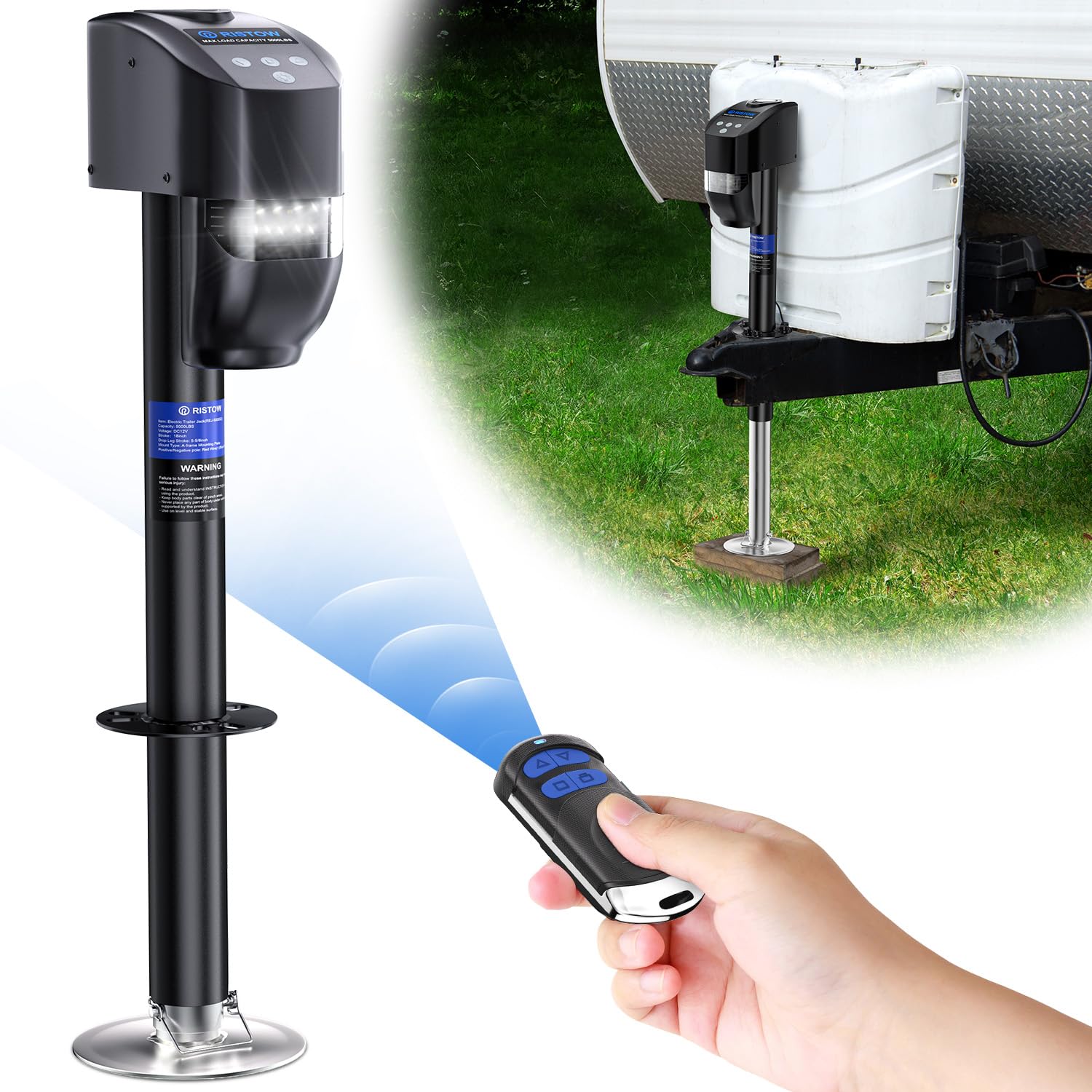 Remote Control Electric Trailer Jack 5000 lbs Power Electric Tongue Jack for Travel Trailer A-Frame Camper, Electric Trailer Tongue Jack with Waterproof Cover, 29" Extended 12V DC with LED