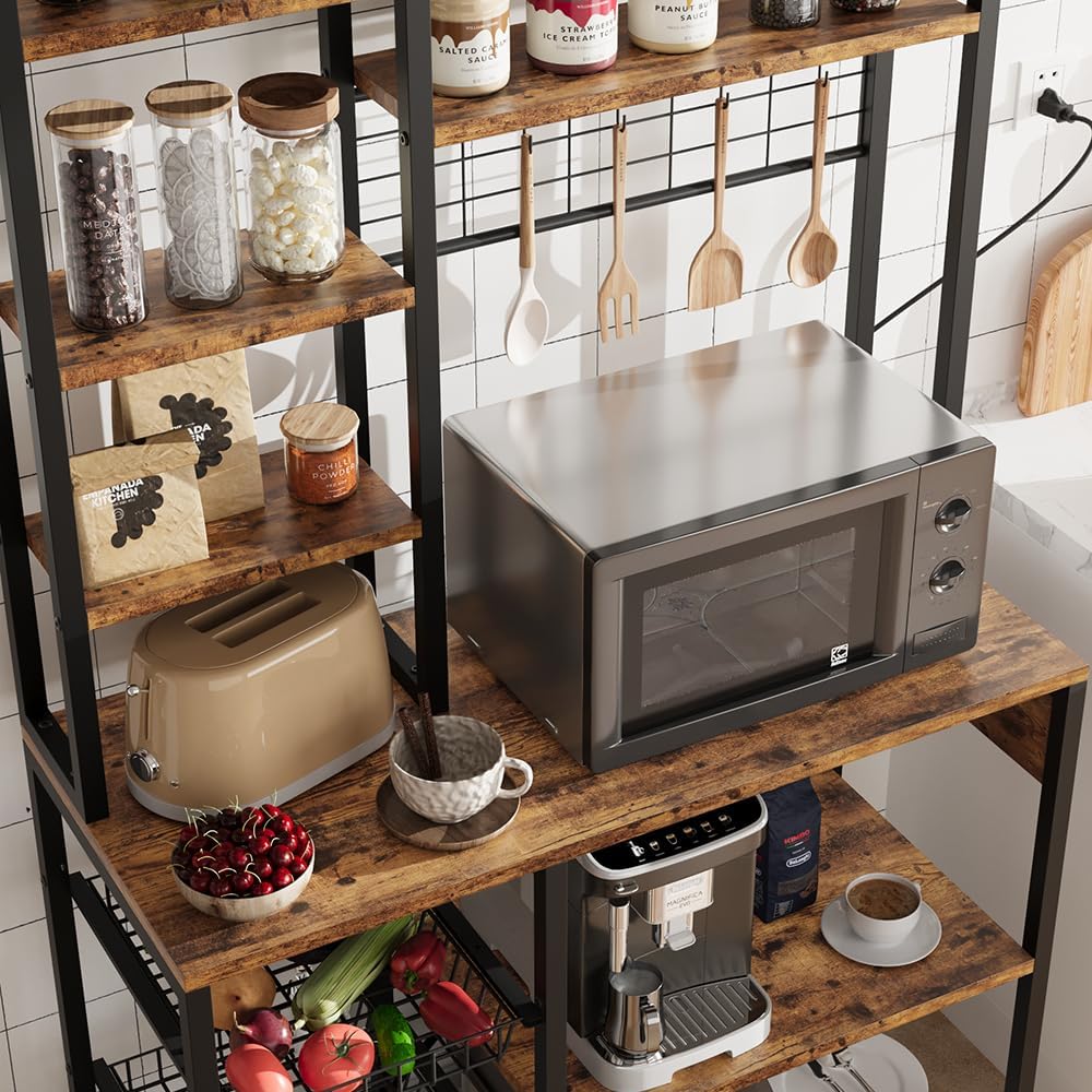 GAOMON Bakers Rack with Power Outlet, Industrial Microwave Stand with 2 Wire Drawer, Large Coffee Bar Station, 7-Tier Kitchen Bakers Rack with Storage for Kitchen Spice, Pots Organizer, Rustic Brown
