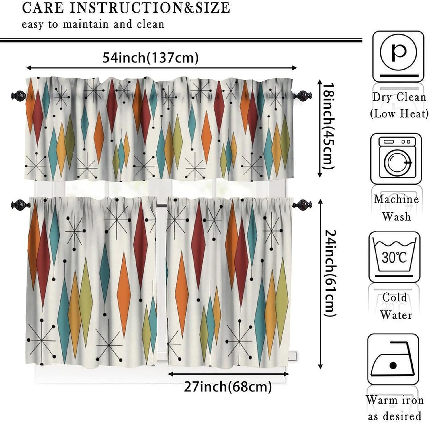 Abstract Geometric Modern Valance Curtains Mid Century Art Colorful Orange Blue Green Window Valance for Kitchen Bedroom Living Room, 54x24 Inch, 3 Piece