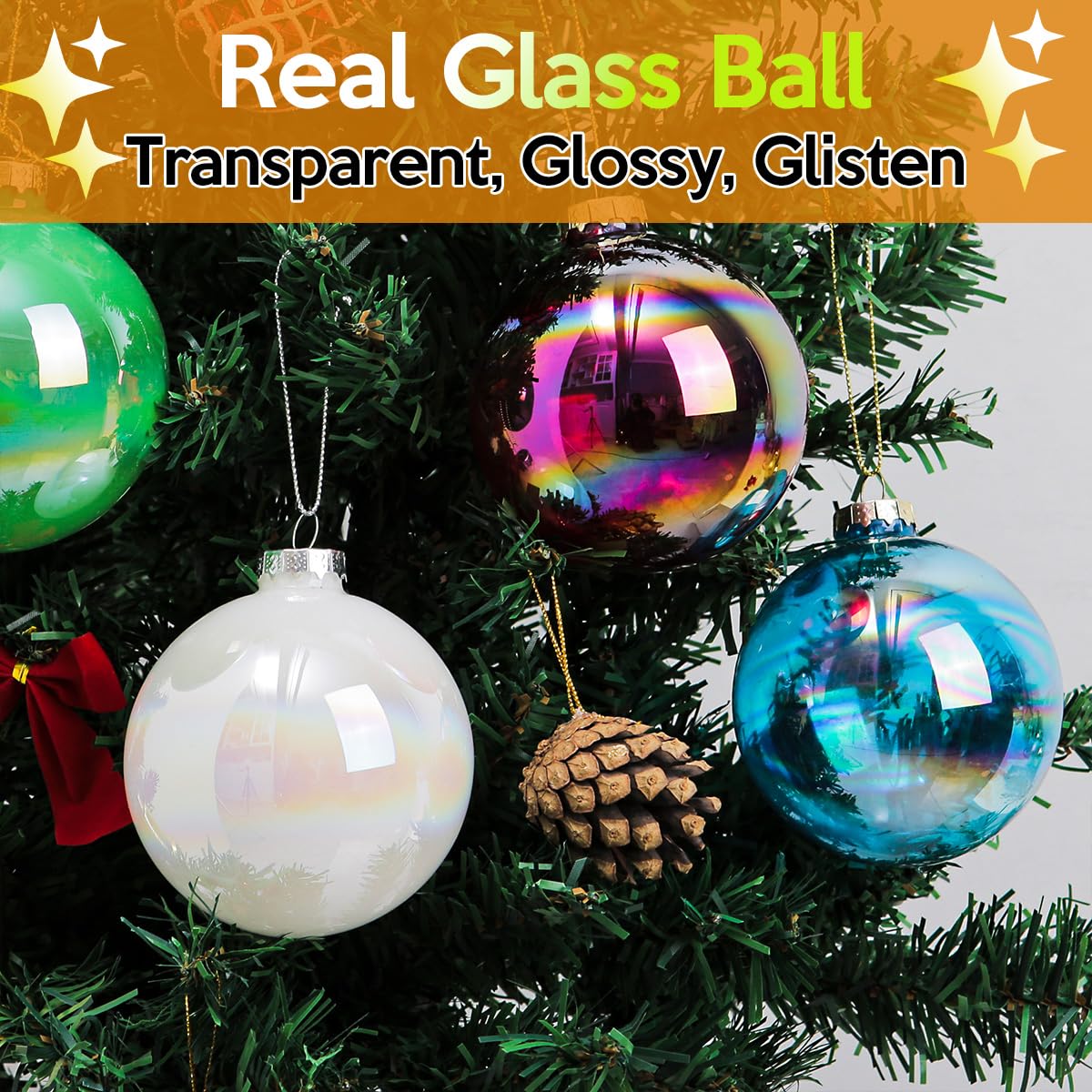 Lot de 12 grandes boules de Noël en verre arc-en-ciel à remplir pour sapin de Noël, rouge, vert, bleu, blanc, 8 cm