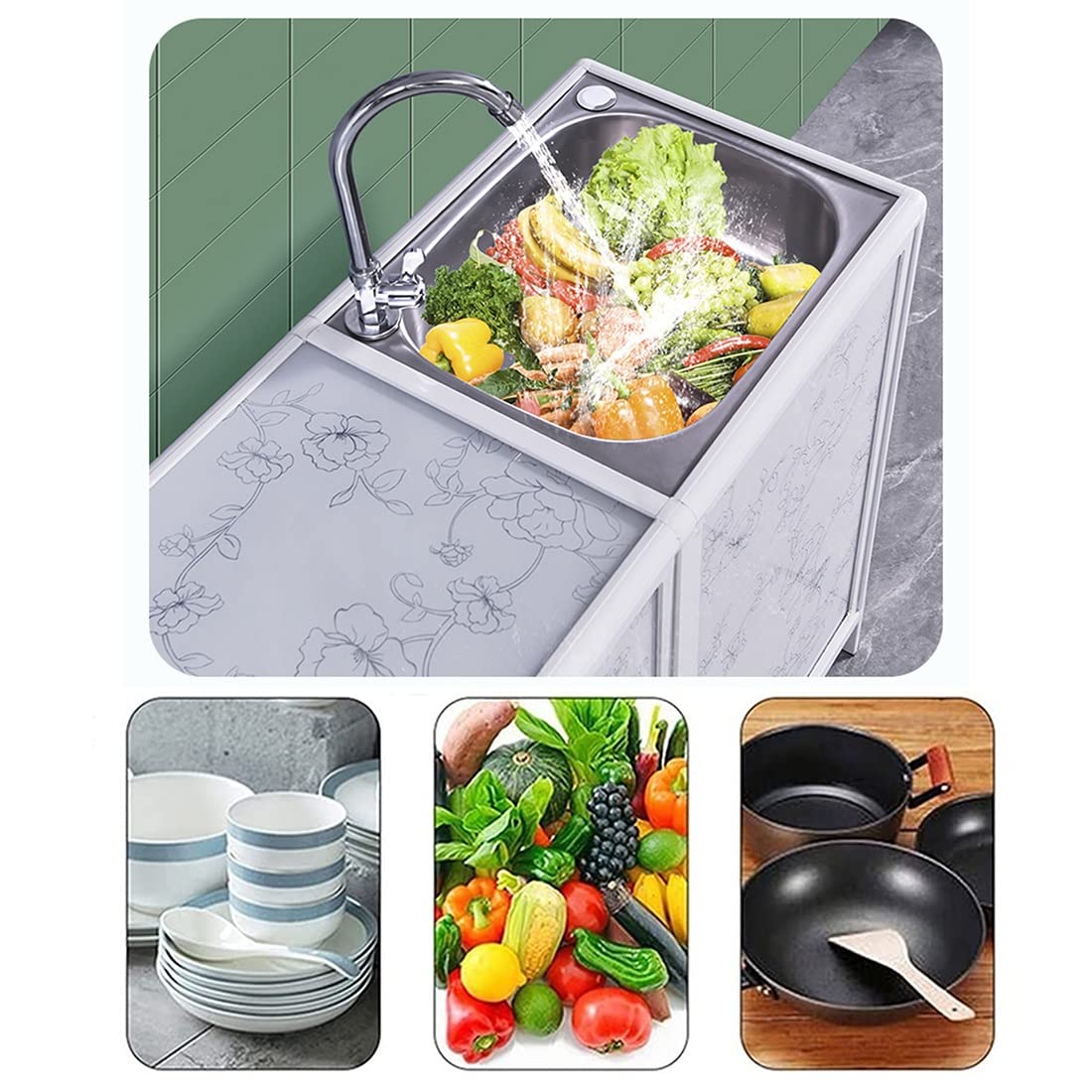 Meuble sous-évier Utilitaire en Acier Inoxydable, Station de Lavage des Mains pour Cuisine Professionnelle, bac Unique avec arrivée d'eau Chaude et Froide, pour buanderie intérieur