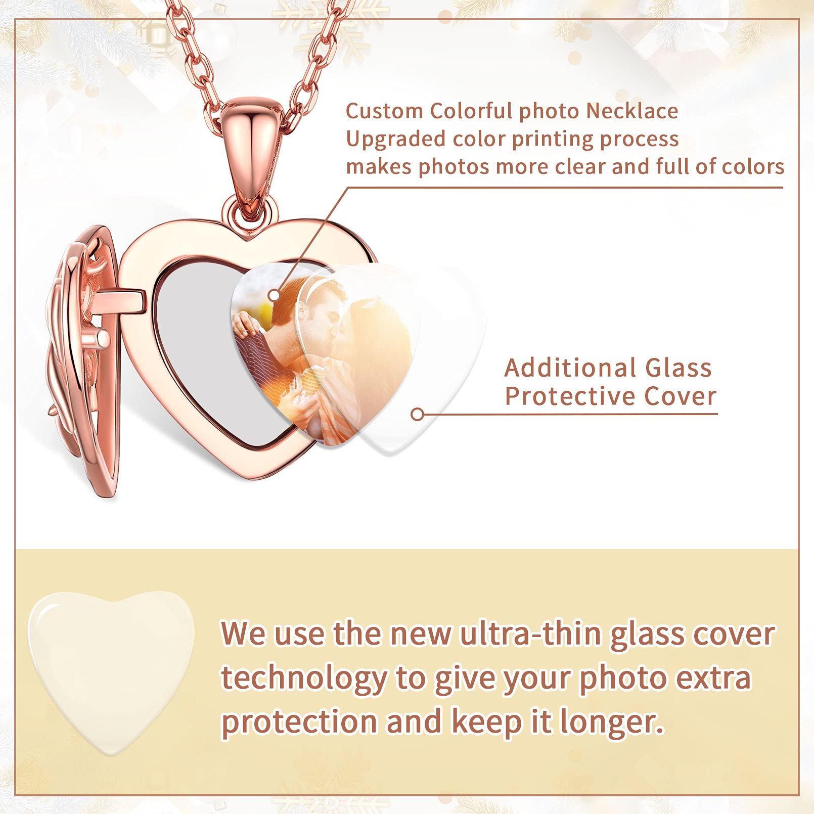 ChicSilver Collana Cuore Personalizzata Argento 925 Foto e Incisione Oro Rosato Ciondolo Portafoto Ciondolo Argento 925 Portafoto a Cuore