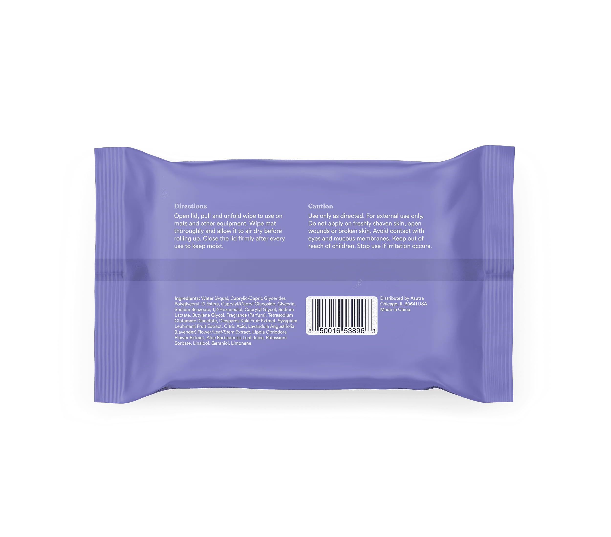 ASUTRA Toallitas de limpieza para esterilla de yoga (lavanda encantadora), 3 bolsas (30 toallitas cada una), sin residuos resbaladizos, limpieza profunda para equipo de fitness y equipo de gimnasio
