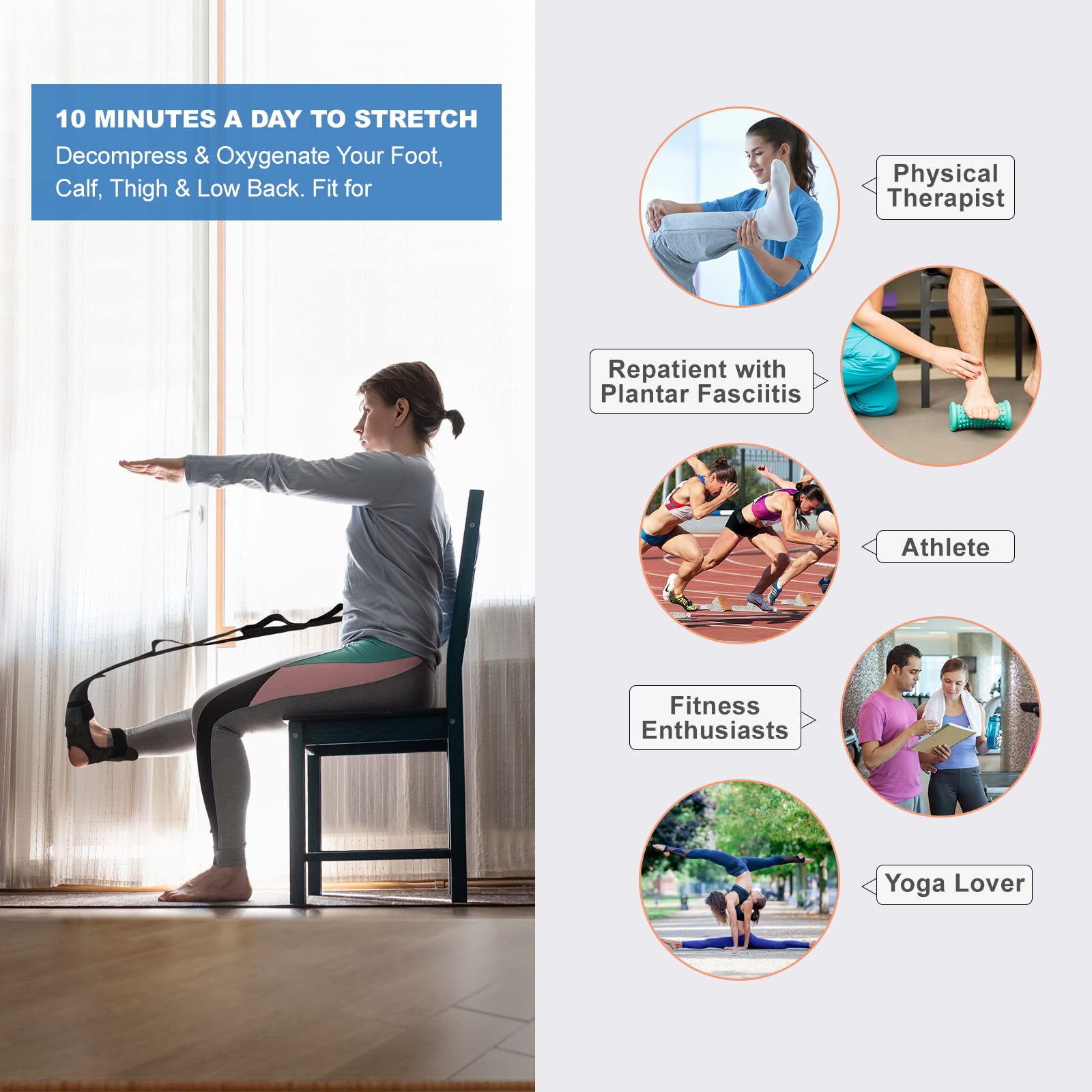 Foot Stretcher and Calf Stretcher for Plantar Fasciitis, Yoga Stretching Strap, Leg Stretcher, Hamstring Stretcher, Stretching Strap for Plantar Fasciitis, Drop Foot, Yoga and Pain Relief