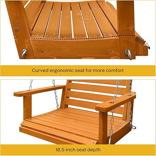 Miniatura 4 de Columpio de madera para porche de 2 plazas, asiento ergonómico, columpio de banco con cadenas colgantes y resortes de 0.276in, resistente 800