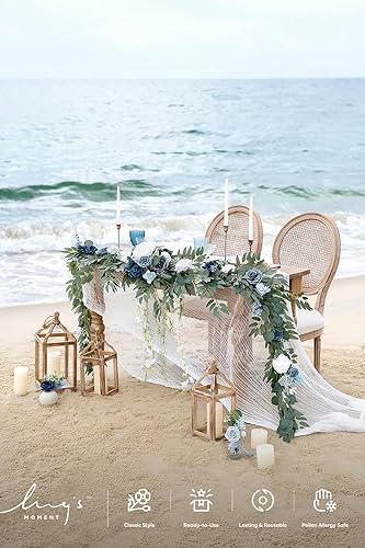 Miniatura 3 de Ling's moment - Guirnalda de eucalipto y hojas de sauce con flor blanca de 3 m, hecha a mano, centro de mesa para decoración de mesa de boda y mesa