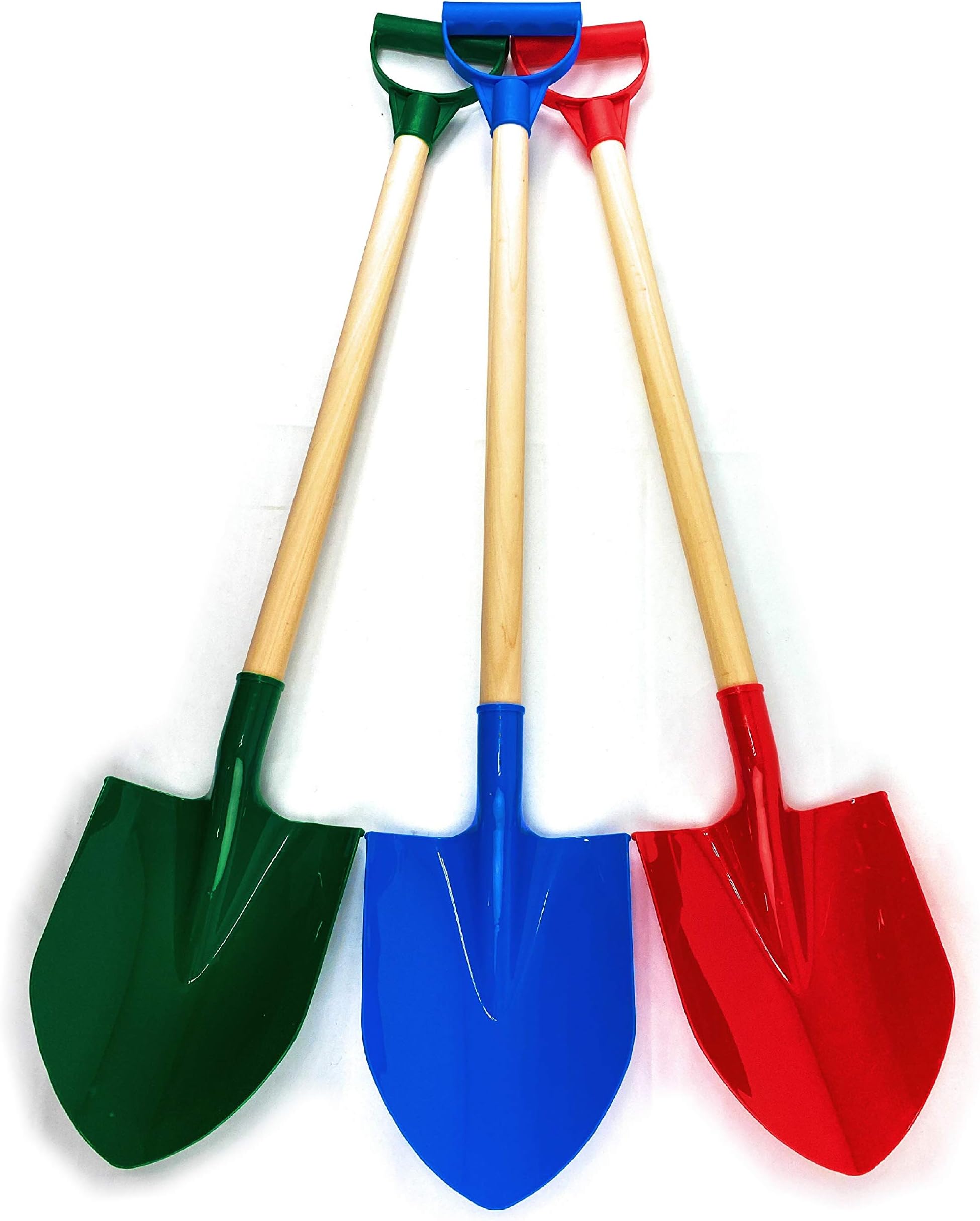 Matty's Toy Stop 31" Heavy Duty Wooden Kids Sand Shovels with Plastic Spade & Handle (Red, Blue & Green) Complete Gift Set Bundle - 3 Pack