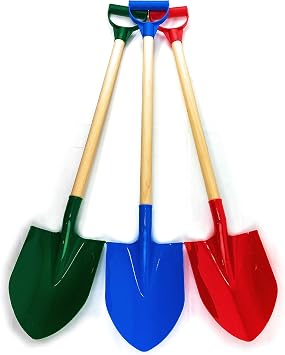 Mattys Toy Stop 31" Heavy Duty Wooden Kids Sand Shovels with Plastic Spade & Handle Red, Blue & Green Complete Gift Set Bundle - 3 Pack