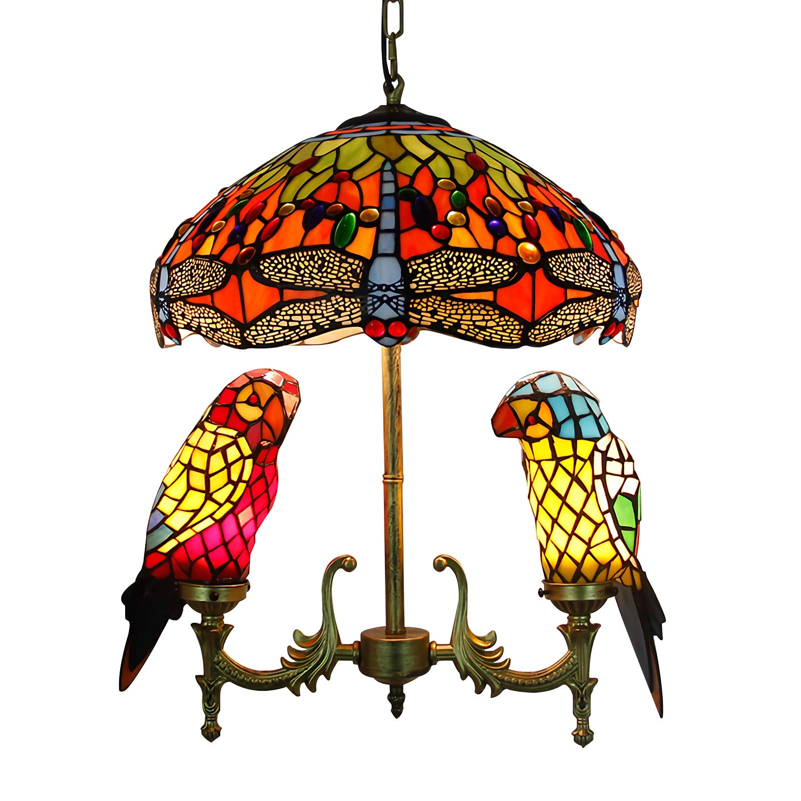 YNIYUJKL Dragonfly Tiffany-Style Chandeliers, Stained Glass Parrot Ceiling Lamp,Dimmable Vintage Pendant Light For Living Room Bedroom Kitchen, 40Cm