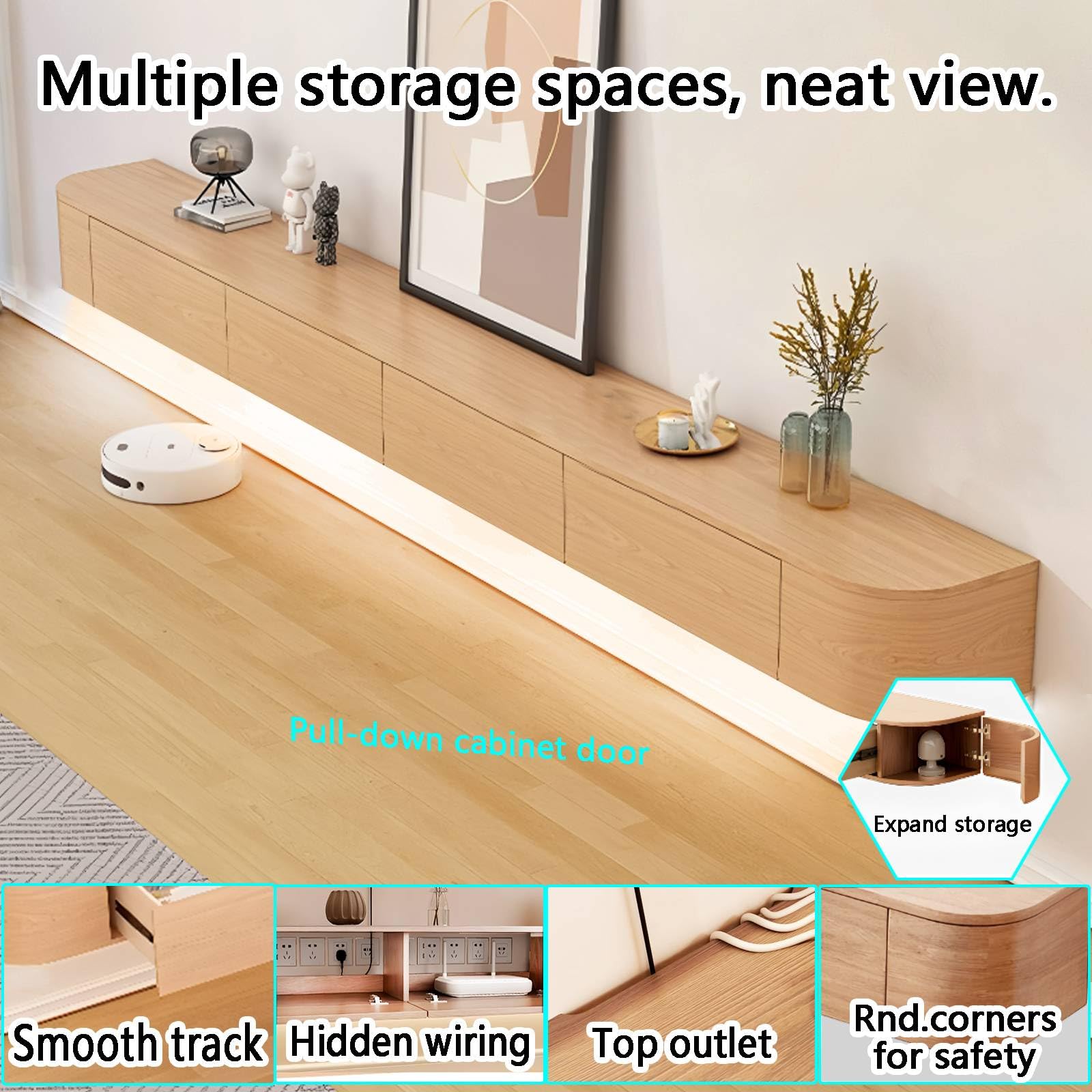 Nowoczesny pływający stojak na telewizor z wieloma kartonami Sto Minimalistyczny drewniany design TV Unit (160x30x20cm) - Slish & Functal Entertainment Fur