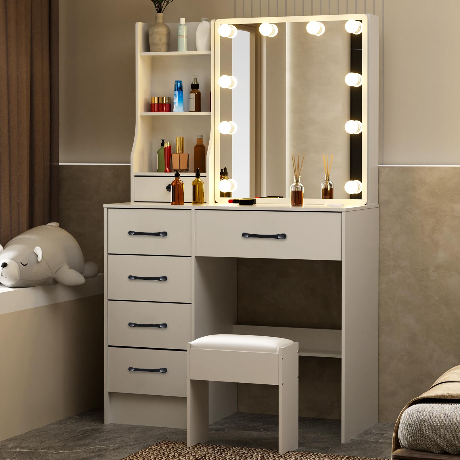 Coiffeuse Blanche Avec Miroir Pliable Et Tabouret - Table De Maquillage 2 Tiroirs 5 Compartiments, Style Scandinave