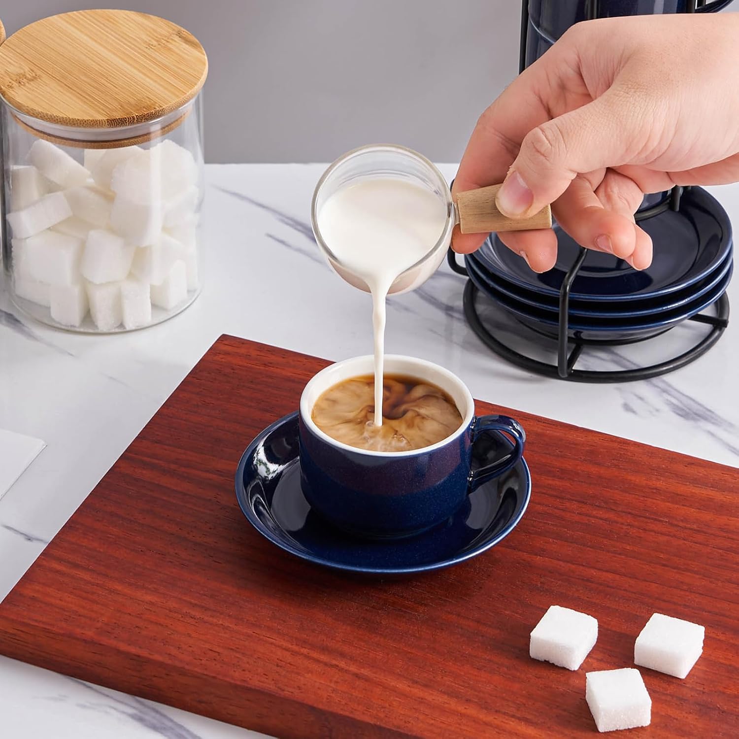 YOLIFE 2.5oz Espresso Cups Set of 4, Porcelain Stackable Espresso Cups with Saucers and Metal Stand, Expresso Shots Cup-Blue