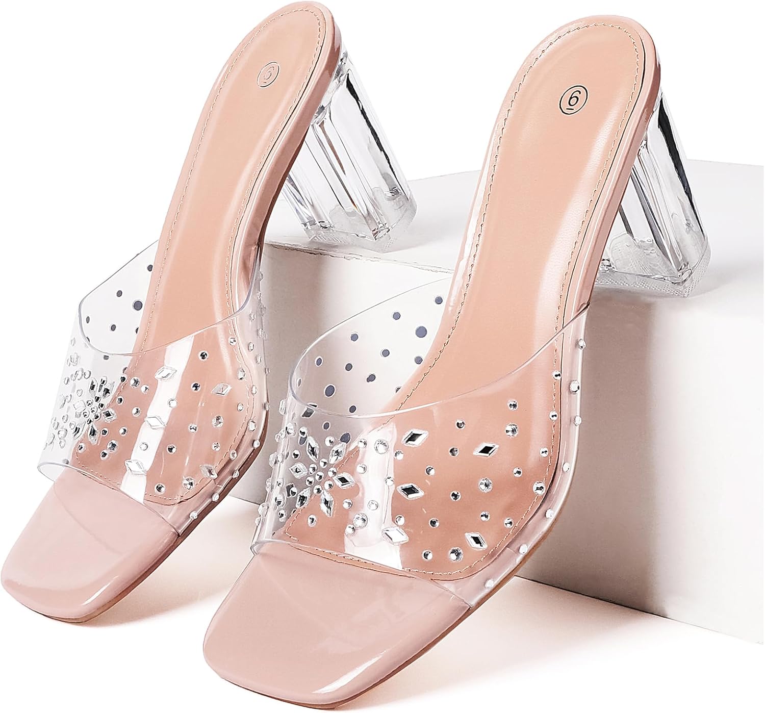 Clear Heels for Women Transparent Two Strap Block Chunky Square Heel Sandals Open Toe Slip On Mules for Women - Image 7